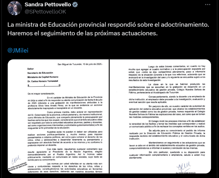 "Nuestras aulas no pueden ser utilizadas para imponer pensamientos o criterios políticos", la respuesta oficial de Tucumán a Nación